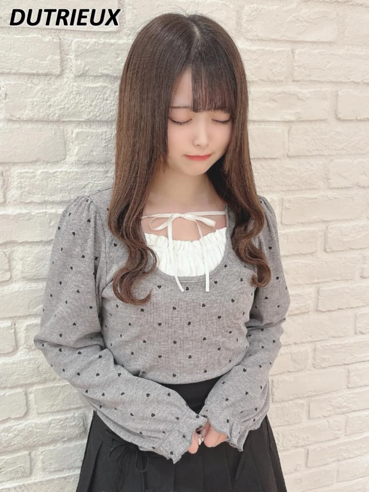 Japanese Style Sweet Stitching Long Sleeve Top Spring Autumn Square Collar T-shirt Women All-Match Minimalist Casual Tshirt