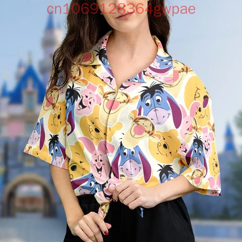 Disney Winnie the Pooh Eeyore Camicette casual a maniche corte da donna Camicia da spiaggia per le vacanze Camicia hawaiana Camicia elegante da donna Hawaii