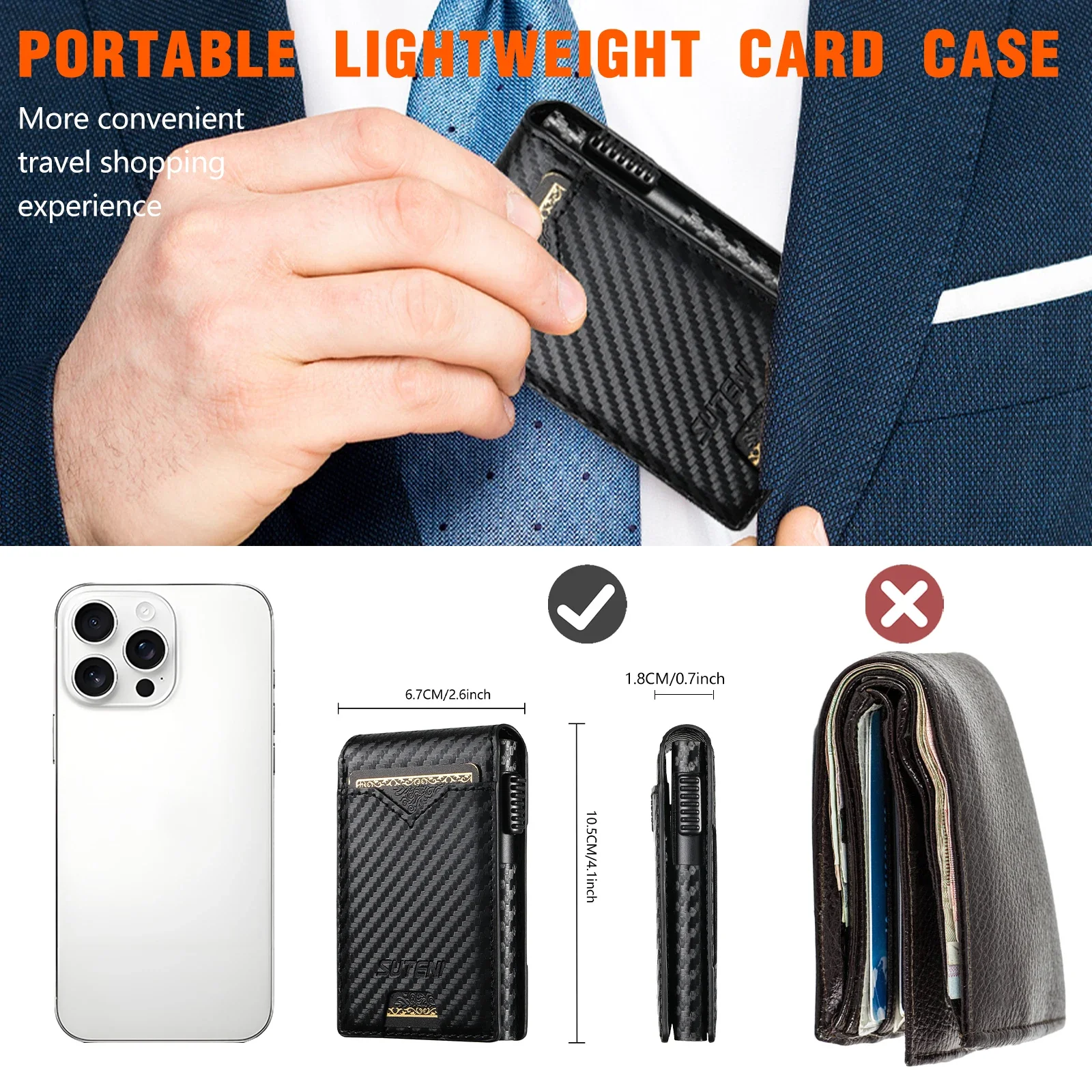 Luxury Business Sle Bla Faux Leather for Men Carbon Fibre Wallet for Iphone 17 Card Bag Pressing The Button Automatically Ejects
