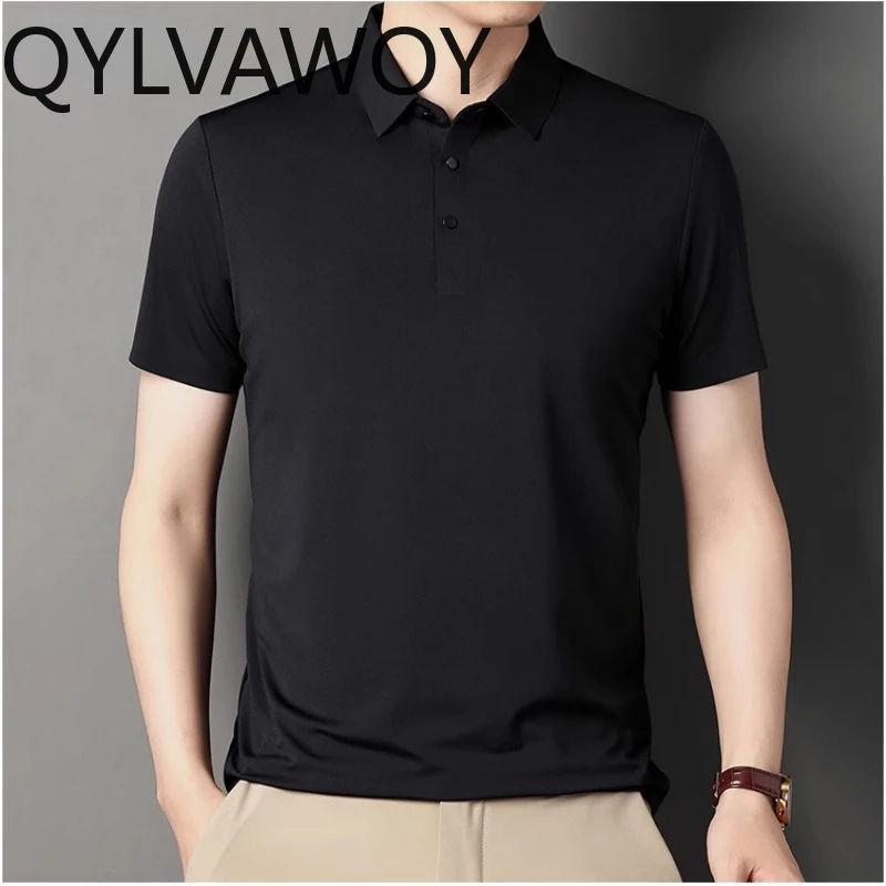 QYLVAWOY 100% Mulberry Silk Mens T Shirt Short Sleeve Black Top Solid Color Thin Style Polo T-shirts for Men Summer Clothes 2024