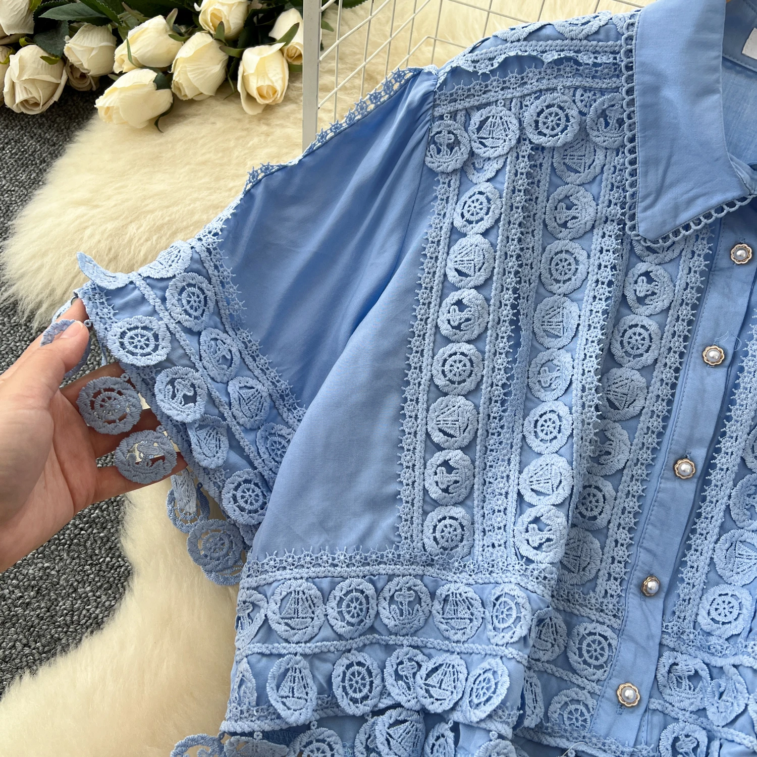 ALPHALMODA 2025, Frans, retro tweedelige set, dames los, holle haak, kant gesplitst, top met korte mouwen, rok met hoge taille