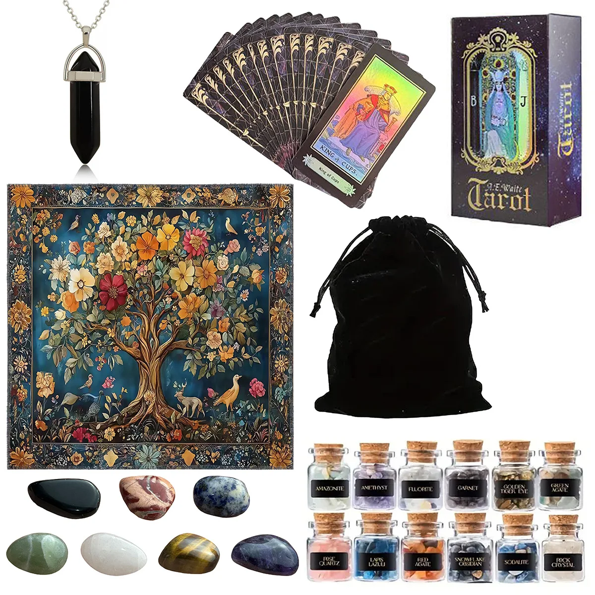 Tarot Divination Kit‑78Pcs Holographic Tarot Cards with Guidebook Mini Crystal Bottles Obsidian Pendant Spiritual Reading Gift