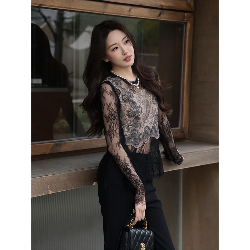 

Bla Lace Base irt Women's Spring Autumn 2026 New Hollow out Inner Wear Top French Sle Loose Fit Long Sve Polyester F...
