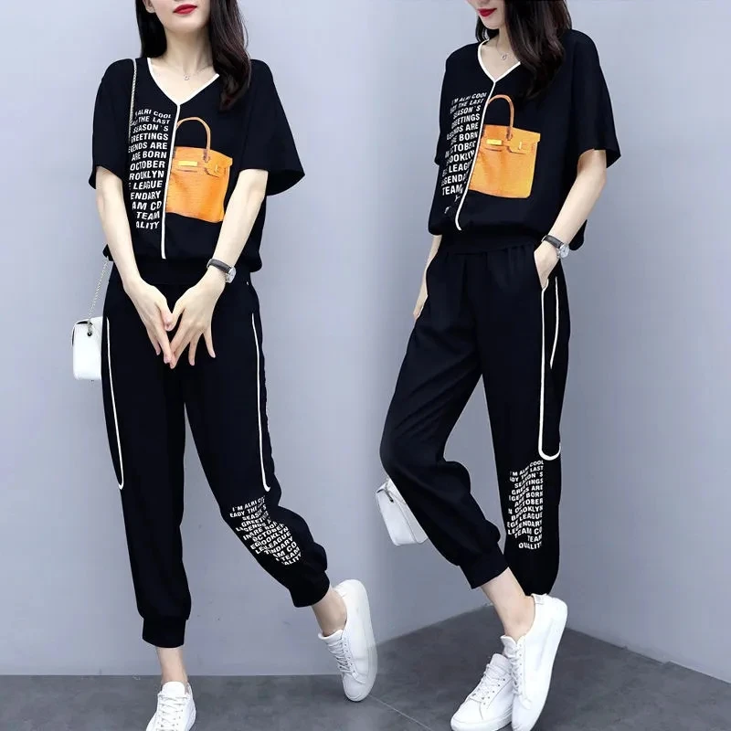 Women Sport Suit New Female Summer Short Sleeve And Pants Two Piece Set Women\'s Sportswear Female Pants Outfit Large Size 4XL