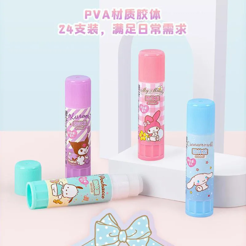 Sanrio 12/24pcs Glue Stick Kawaii Kuromi Cinnamoroll Cartoon Family Gao Yan Student Pva Handmade Diy Glue 8g Cartoon Cute Gift