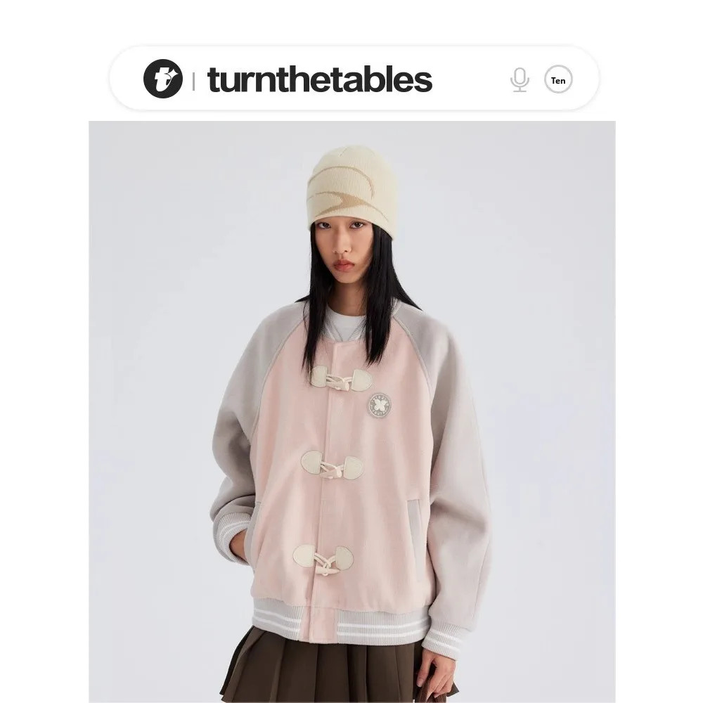 

Loose Woolen Baseball Jaet with oulder Insertion And Horn Buttons College Sle Outerwear for Youth Summer Season