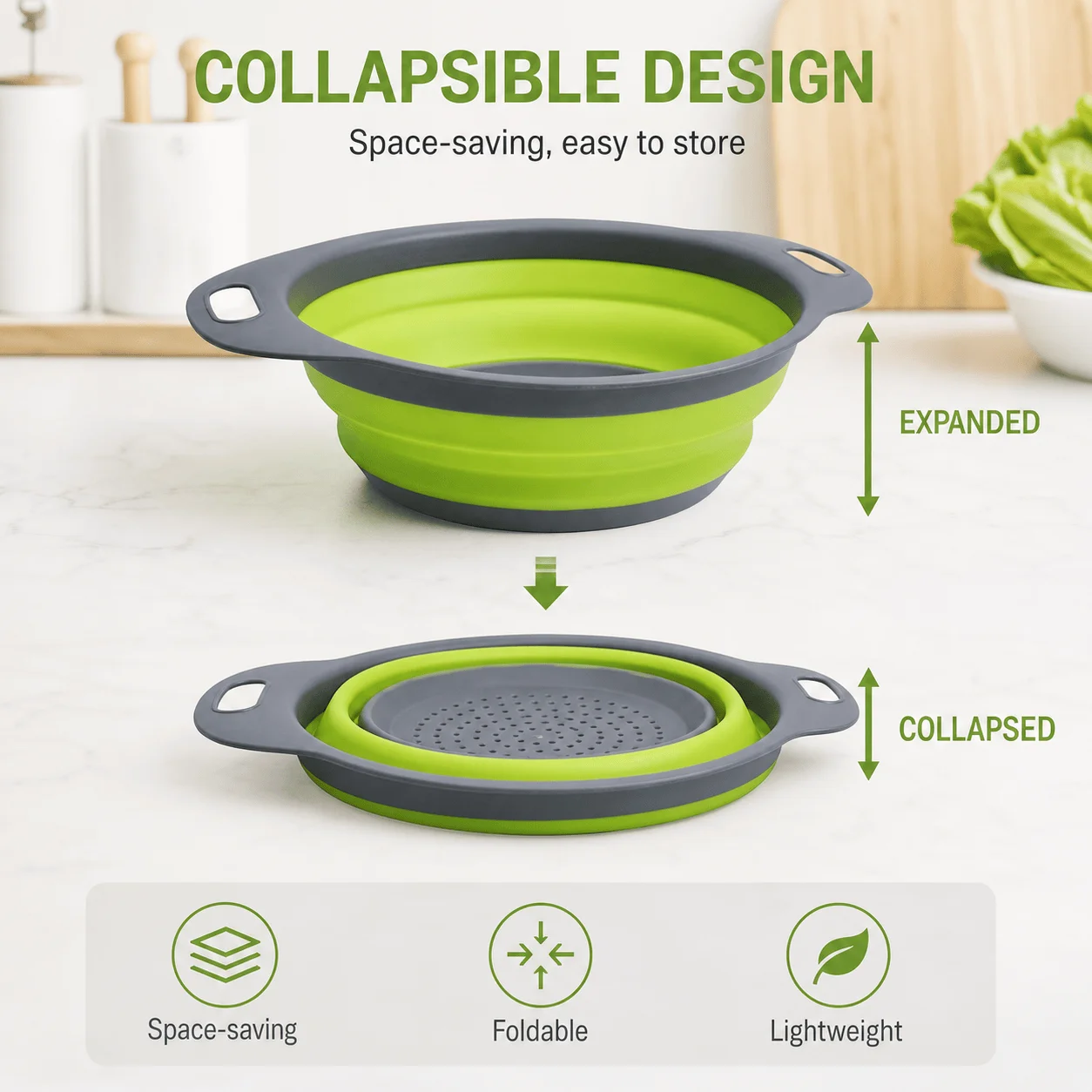 Collapsible Silicone Colander, Foldable Round Strainer Basket with Handles - view 3