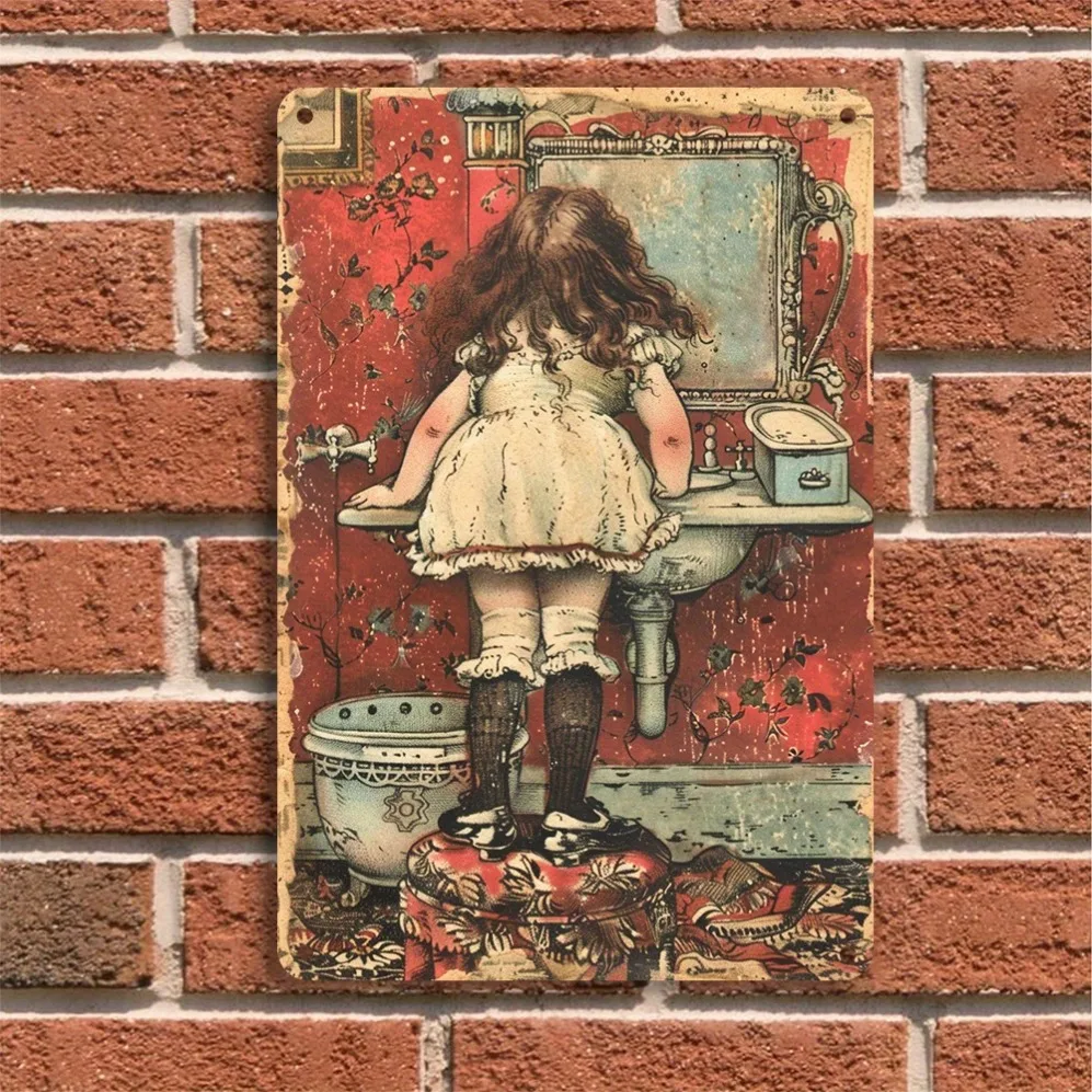 Arte Metálico 2D para Pared, Diseño de Chica en el Baño, Decoración Rústica, 12x8 Pulgadas, Fondo Rojo, Fácil de Colgar, Decoración para Hogar o Bar