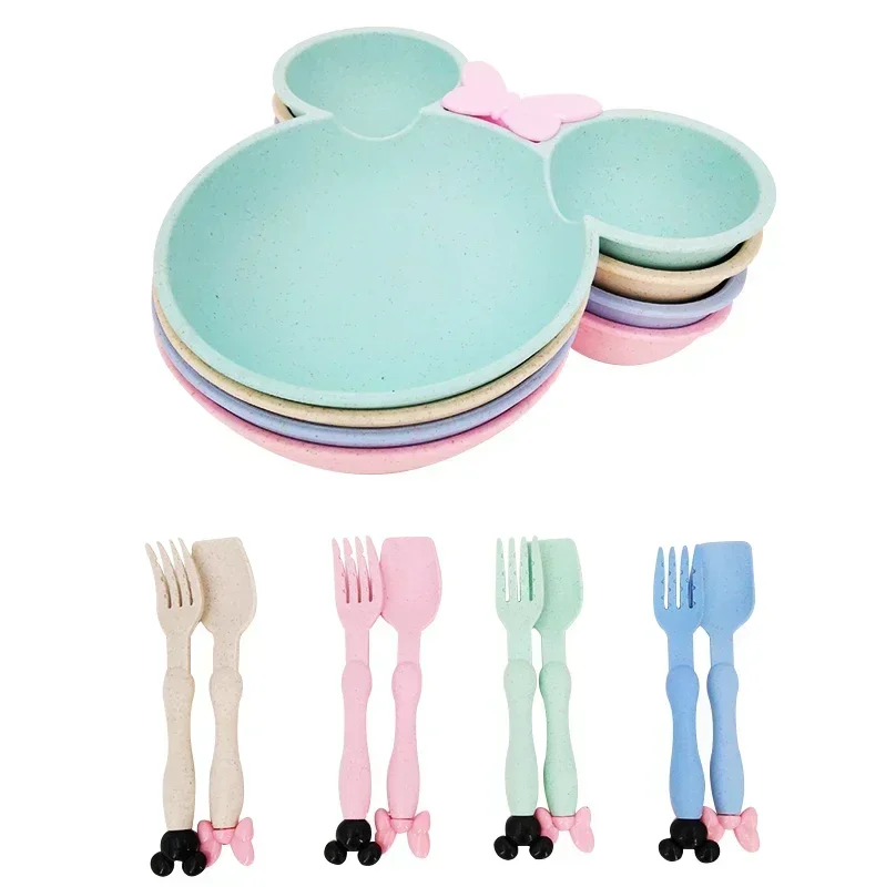 3pcs Wheat Straw Baby Cartoon Tableware Set Children's Dishes Kids Dinner Platos Baby Feeding Plate Training Bowl Spoon Fork