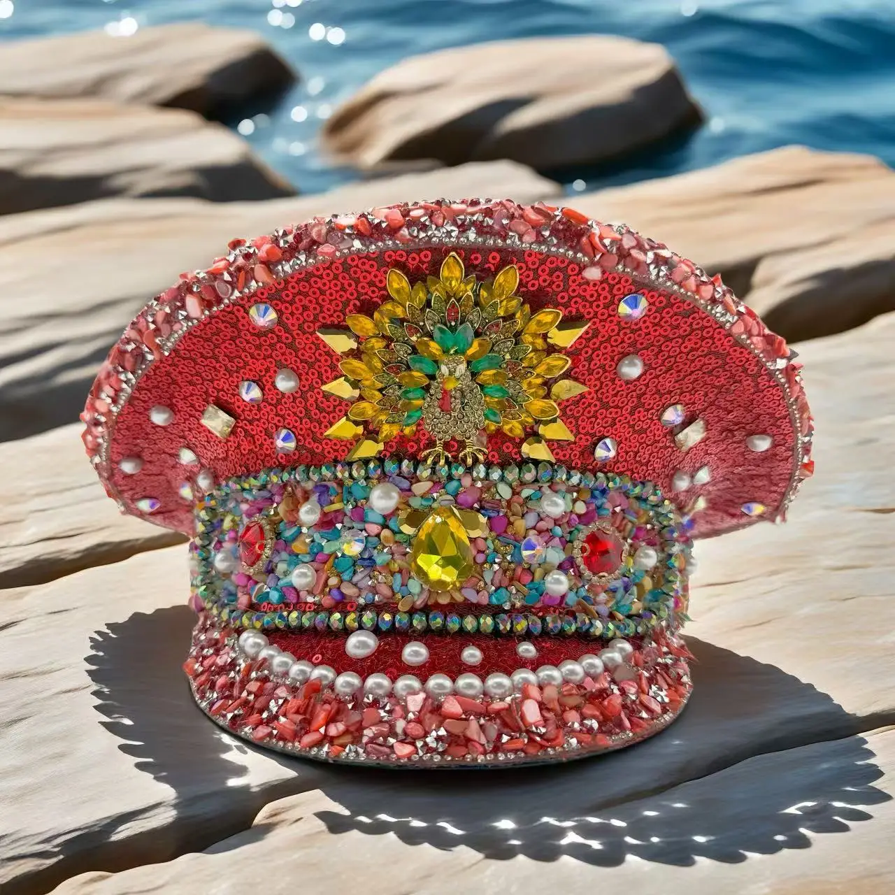 

Steampunk Captain Hat Rhinestone for Music Festival, Halloween, Disco, Burning Man, Vintage Military Cap for Men & Women