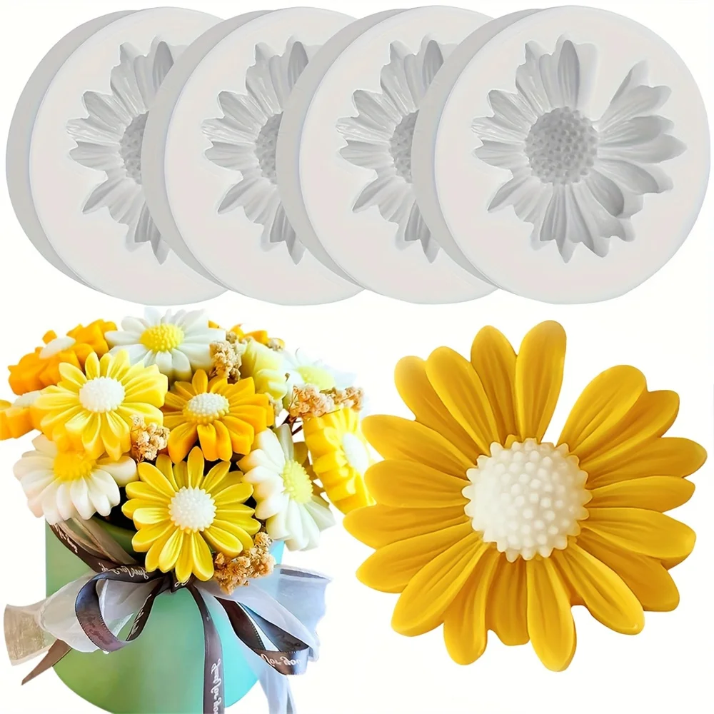 4pcs Daisy Flower Silicone Mold Scented Cup Candle Fragrant Plaster Ornament Molds Durable Easy to Demold for Home Decor Gifts