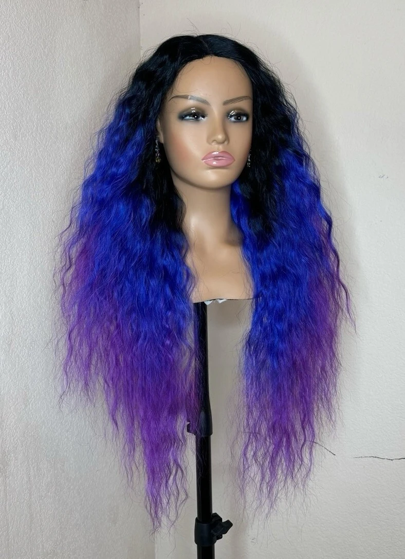 Blue Purple WIG Ombré Black 26 Inches Long Middle Part Heat Ok