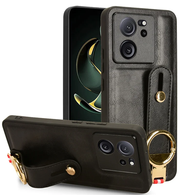 Per Xiaomi 13T Pro Cover Luxury Leather Cover Wristband Hand Strap Kickstand anello in metallo per Xiaomi 13T Phone Case