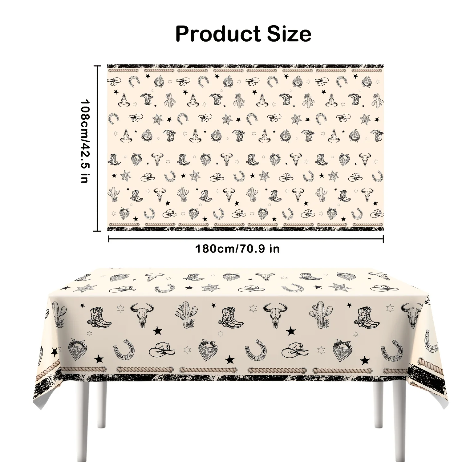 VIKAMA Western Cowboy Cream Longhorn Cactus Boot Rectangular Tablecloth Washable Cover for Dining Room Kitchen Holiday Home