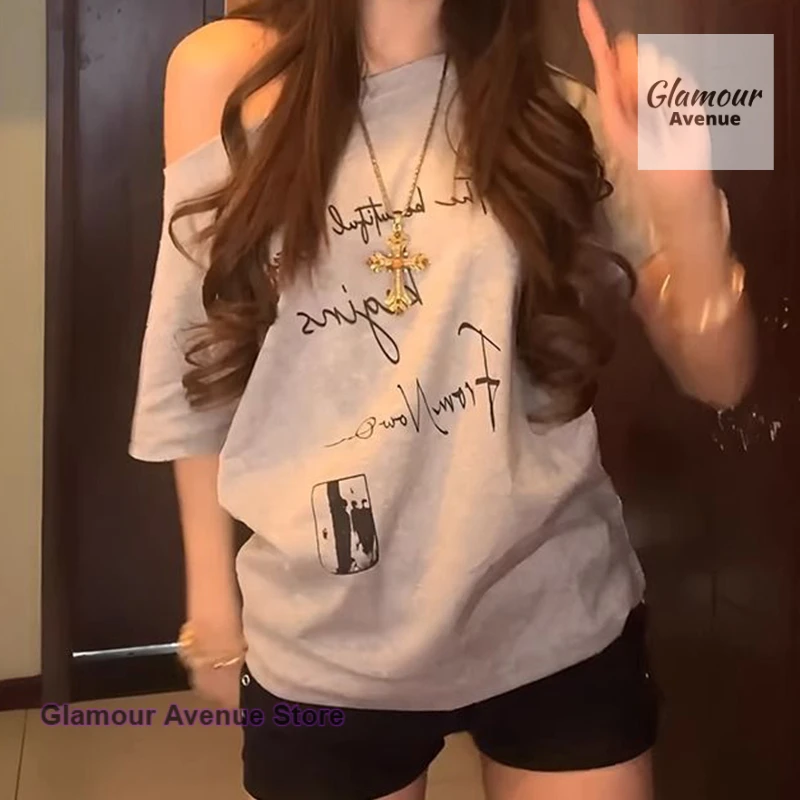 

American retro one-shoulder diagonal letter printing short-sleeved shoulder women's T-shirt summer fashion temperament slim top