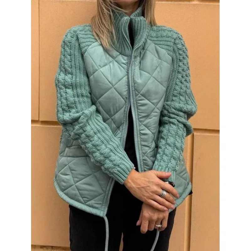 Zipper Stand Collar Coat with Regular Fit Elegant Cross Border Women Jacket for Autumn Office Style Long Sleeve Patchwork