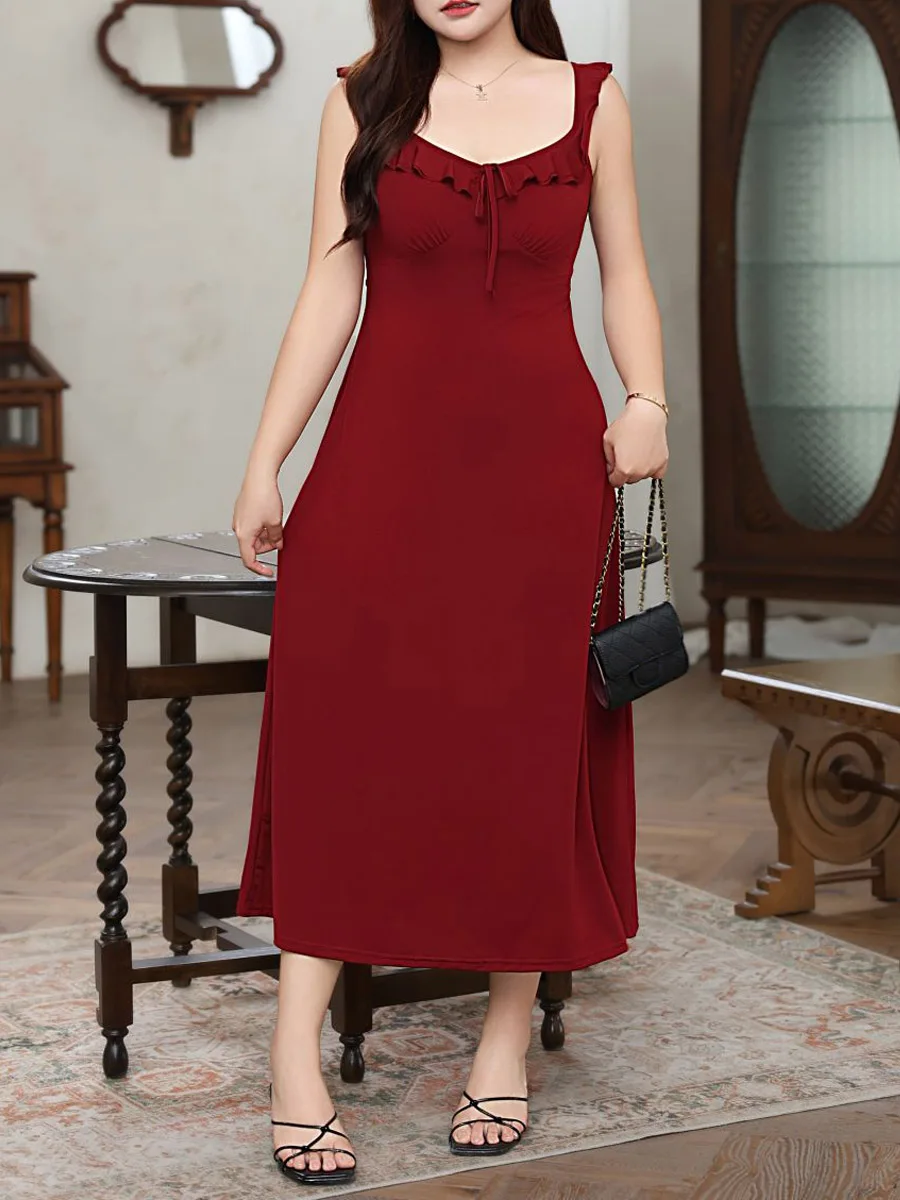 

Ruffled Sleeveless Long Dress for Women, Wine Red, Slim Waist Spaghetti Strap, Plus Size, Summer, Good Quality, Sexy, 2024