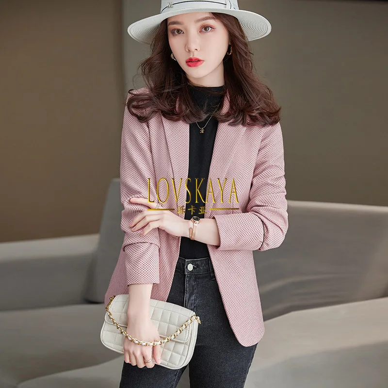 Qianniao-Chaqueta de manga larga para mujer, traje pequeño a cuadros, ropa profesional coreana, color rosa