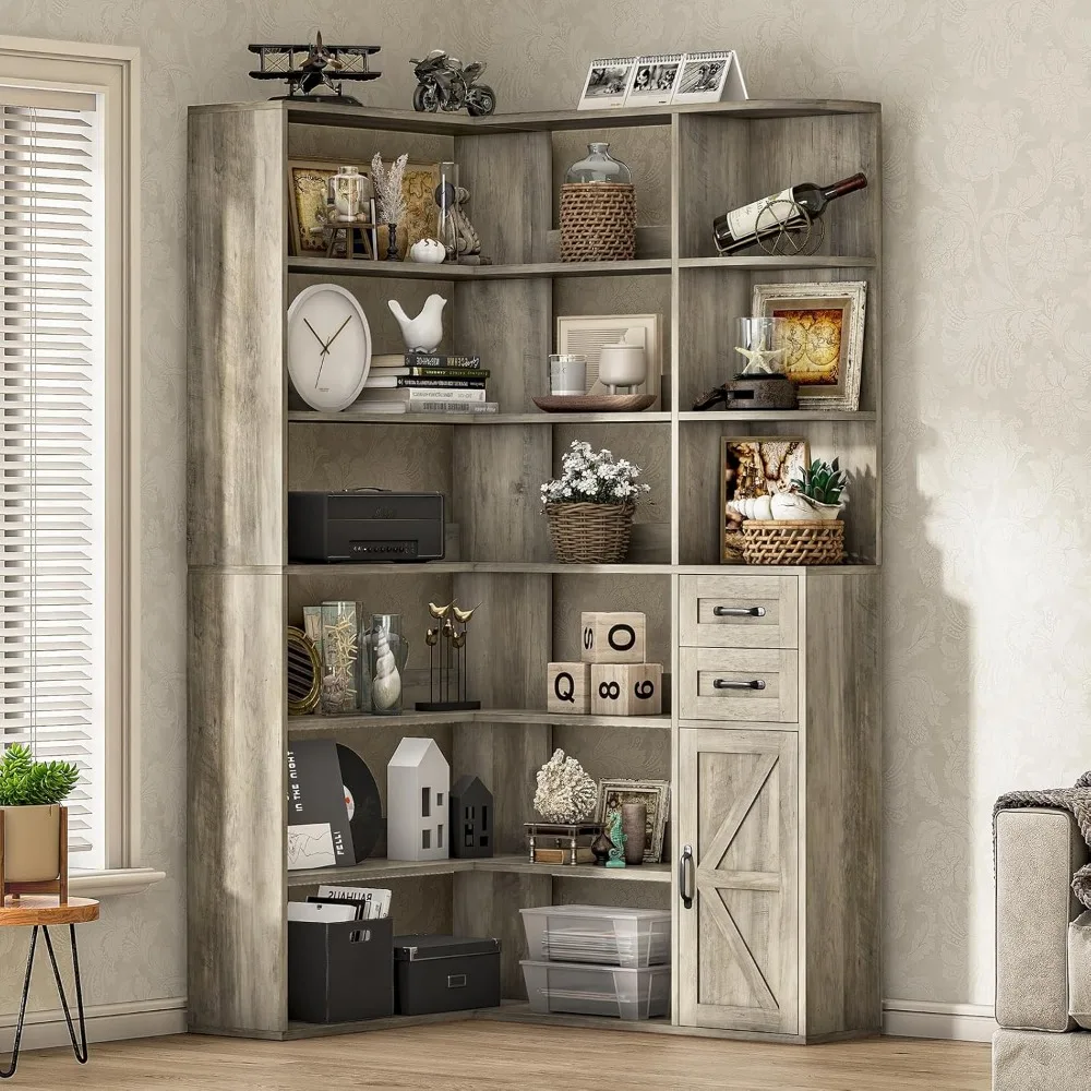 7-Shelf Farmhouse Corner Bookshelf with Lockers & Drawers, 71