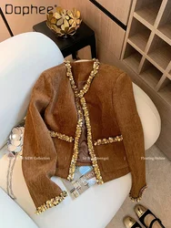 socialite Heavy Industry Beaded Sequins Brown Velvet Jacket Women Autumn Winter French Temperament Premium Short Thicken Coat