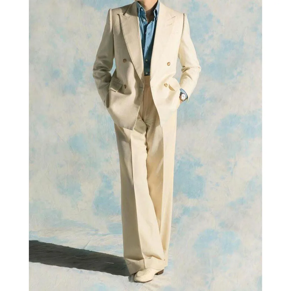 

Biege Men Suit Fashion Double Breasted High Quality Banquet Celebrity 2 Pieces Jacket Pant Formal Occasion Male Clothing Stylish