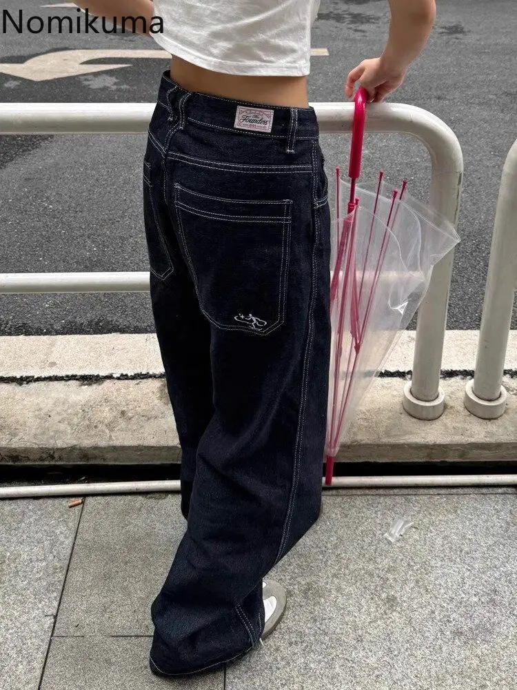 

Streetwear Jeans Woman 2025 New Bottoms Loose Embroidery Straight Wide Leg Pants Pantalon Femme Casual Chic Y2k Denim Trousers
