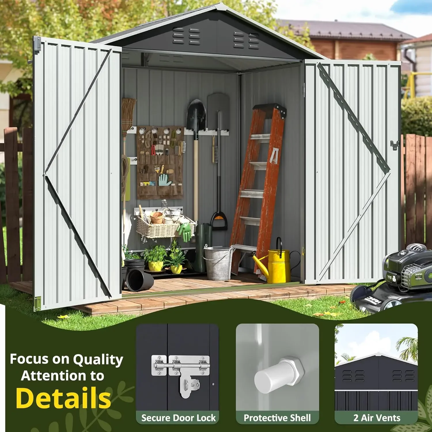 5.6x3.5 FT Outdoor Storage Shed, Large Garden Shed with Updated Frame Structure and Lockable Doors, Metal Tool Sheds