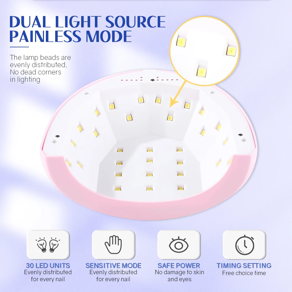 48W UV LED Nail Lamp Professional Gel Polish Drying Lamp with 3 Timer Settings 30 Beads Detachable Tray  for Home Manicure Salon