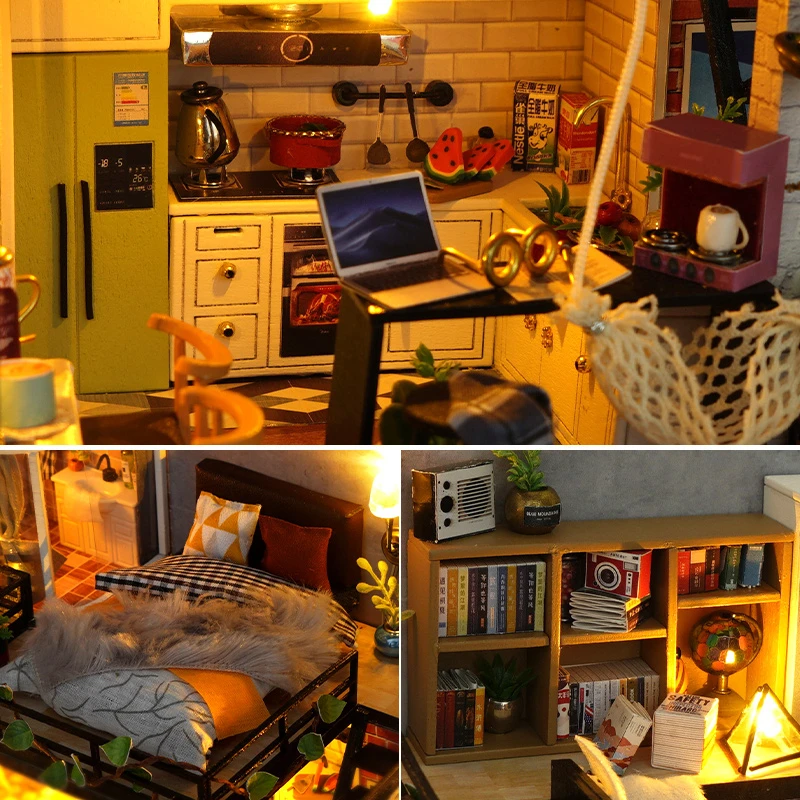 Zestawy do samodzielnego montażu drewnianych miniaturowych budynków Nowoczesne domki dla lalek Loft Casa z meblami i oświetleniem Domki dla lalek na prezenty urodzinowe dla przyjaciół