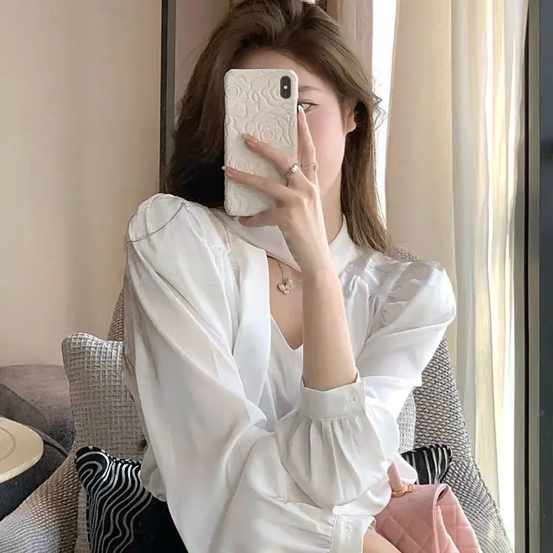 White Blouses Women Leisure Elegant Office Lady Chic Soft New Spring Designed Streetwear Puff Sleeve Temperament French Vintage