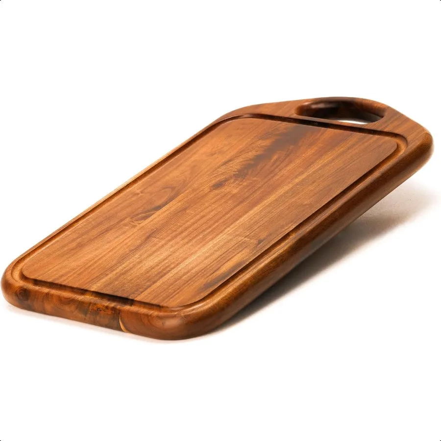 

Acacia Wood Cutting Board with Juice Groove Hanging Hole Grip Handle for Meat Vegetables and Cheese Knife Friendly Caperci Bett