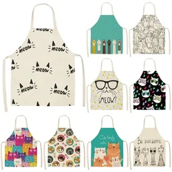 Lovely Cartoon Cats Kitchen Aprons for Women Cotton Linen Bibs Household Cleaning Pinafore Home Cooking  55x68cm