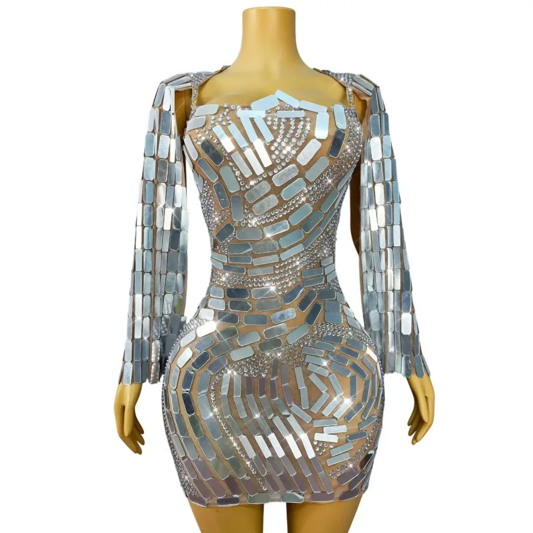 Baoke Women Sparkly Ombre Fuchsia Mirror Sequins Mesh Mini Dress Long Sleeve Square Neck Music Festival Rave Outfit