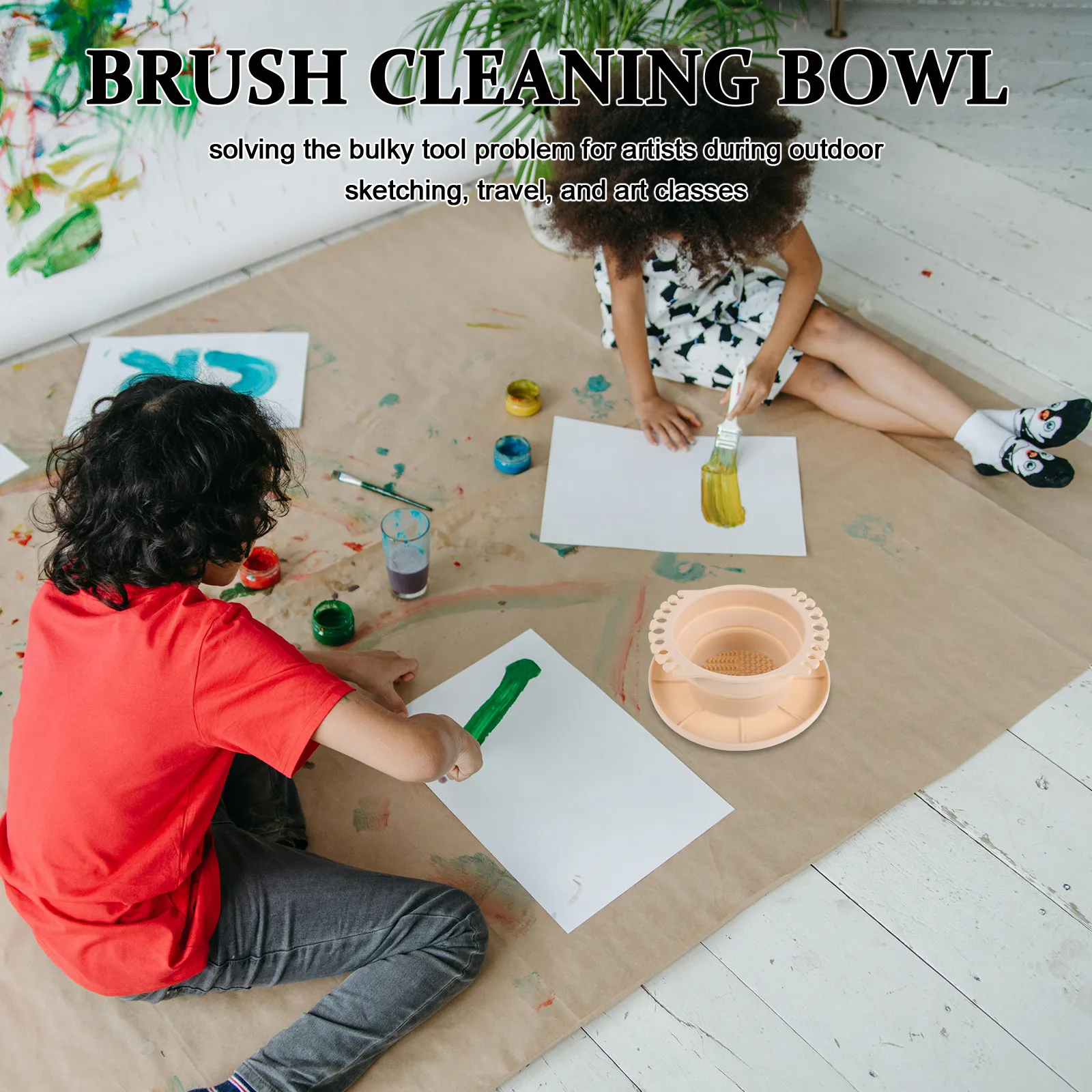 Collapsible Paint Brush Washing Bucket Silicone Foldable Brush Cleaning Bowl with Built-in Palette Portable Splashproof