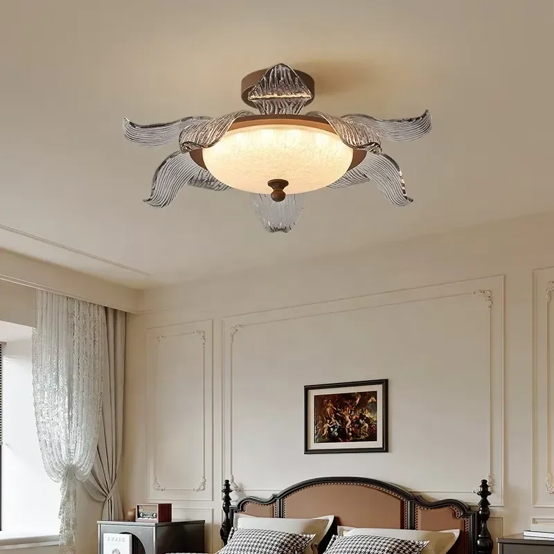 Retro Flower Glass LED Ceiling Light Full Spectrum Three Color Eye Protection American Style for Living Room Restaurant