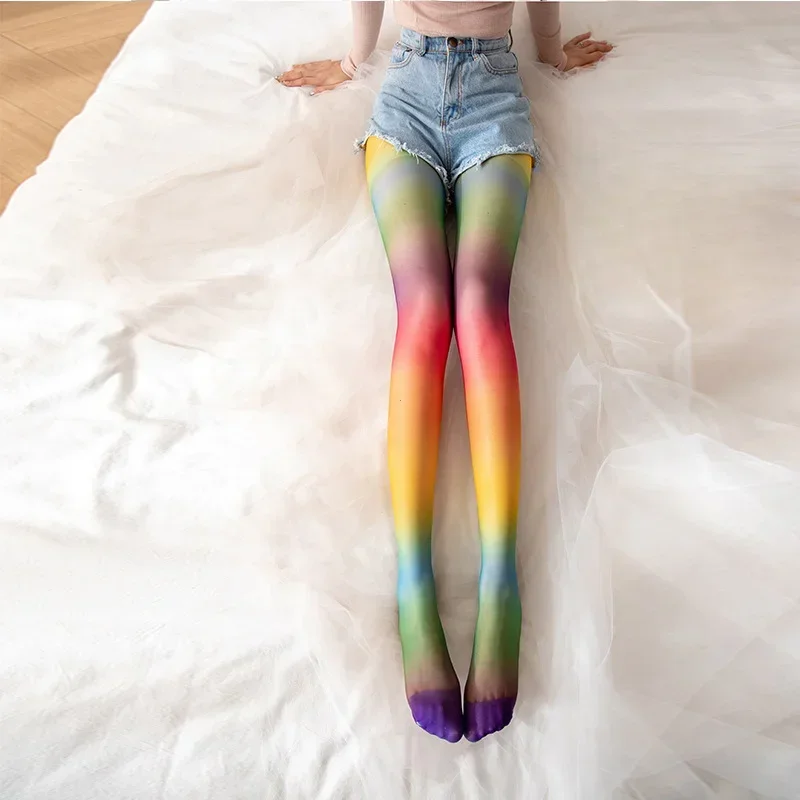 Rainbow Color Block Pantyhose High Waist Elastic Slim Footed Pantyhose Women's Stockings Hosiery Party Gift Mallas Mujer