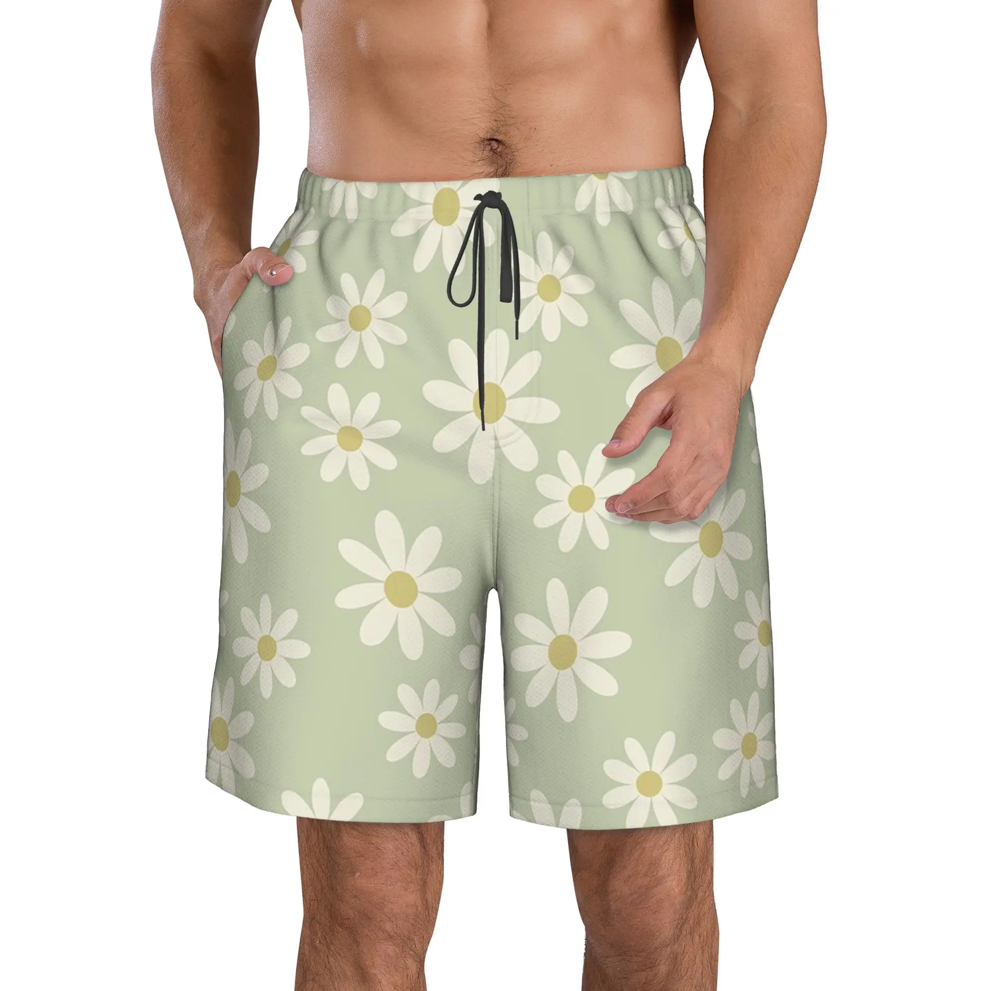 Macaron Colour Green Daisy Pattern Trunks Beach Board Shorts Casual Quick Dry Swim Summer Men Pants