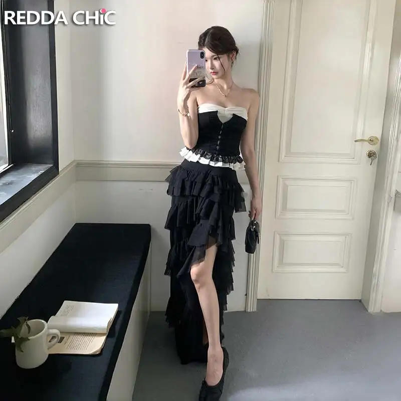 ReddaChic Color Block Strapless Tube Skirt Women Matching Set Vintage Maxi Asymmetric Skirt Lace Trim Crop Top Gothic Costume
