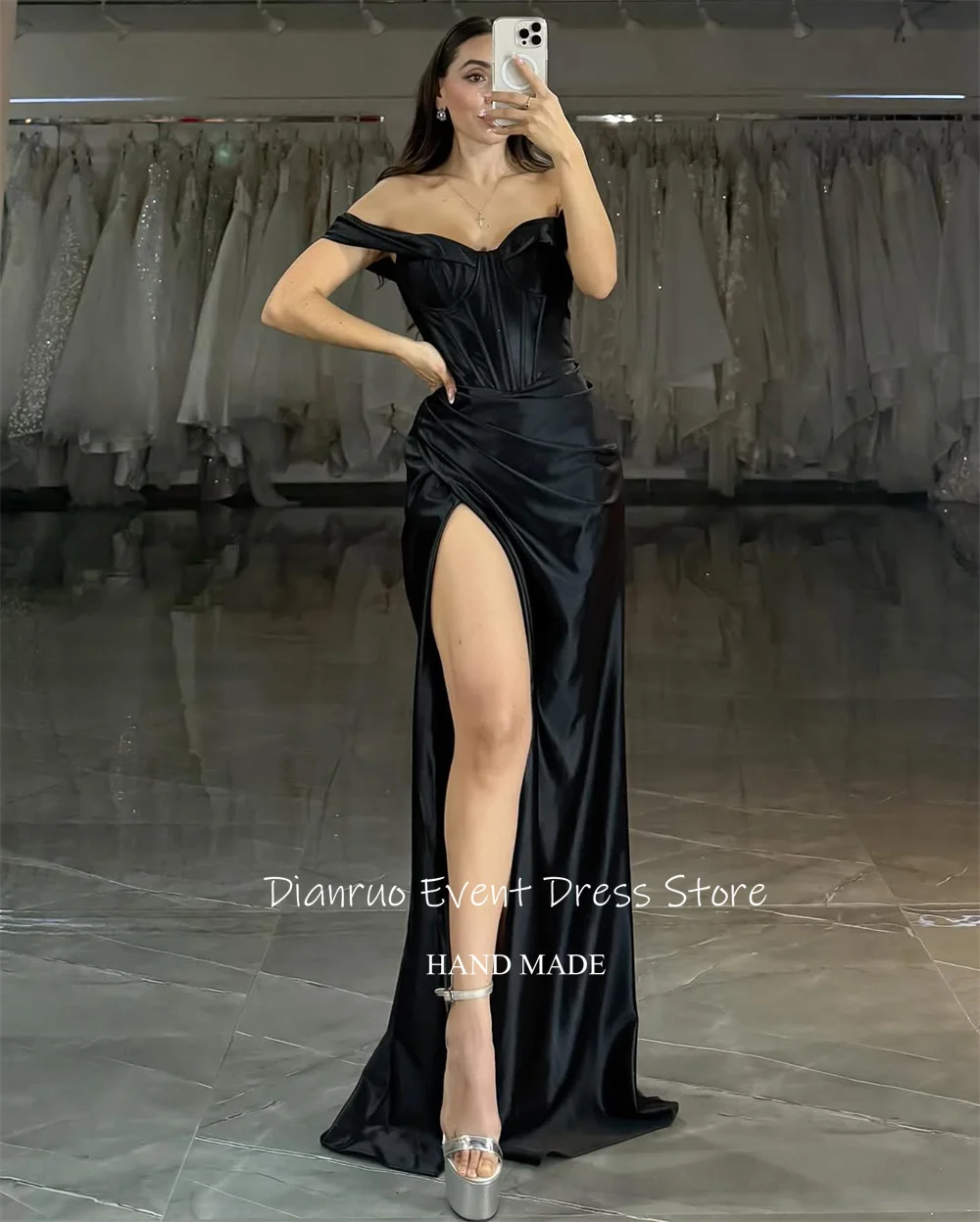 Dianruo 黒恋人イブニングドレスオフショルダーサテンウエディングドレスハイスリットグラマラスアビトセリモニアドナカスタマイズ