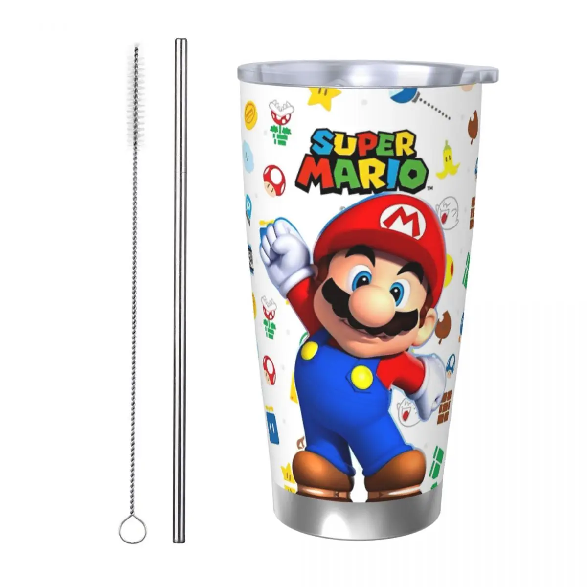 Vaso de personaje de dibujos animados de Marios, juegos aislados al vacío, taza térmica con tapa, tazas de paja para exteriores, botella de agua, 20oz