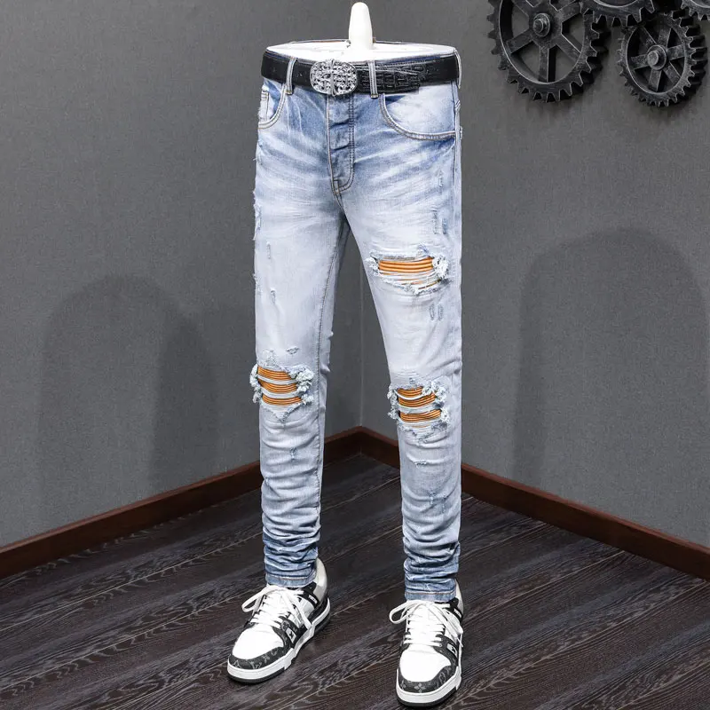 Fashionable new men's jeans washed nostalgic stretch slim fit yellow patch jeans high street designer hip-hop brand splicing lig