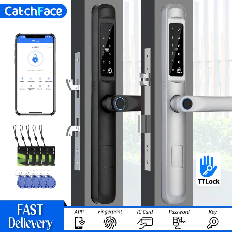 92/85mm Waterproof Fingerprint TTLock Bluetooth APP RFID Card Code Keyless Electronic Smart Door Lock Aluminum/Glass Sliding