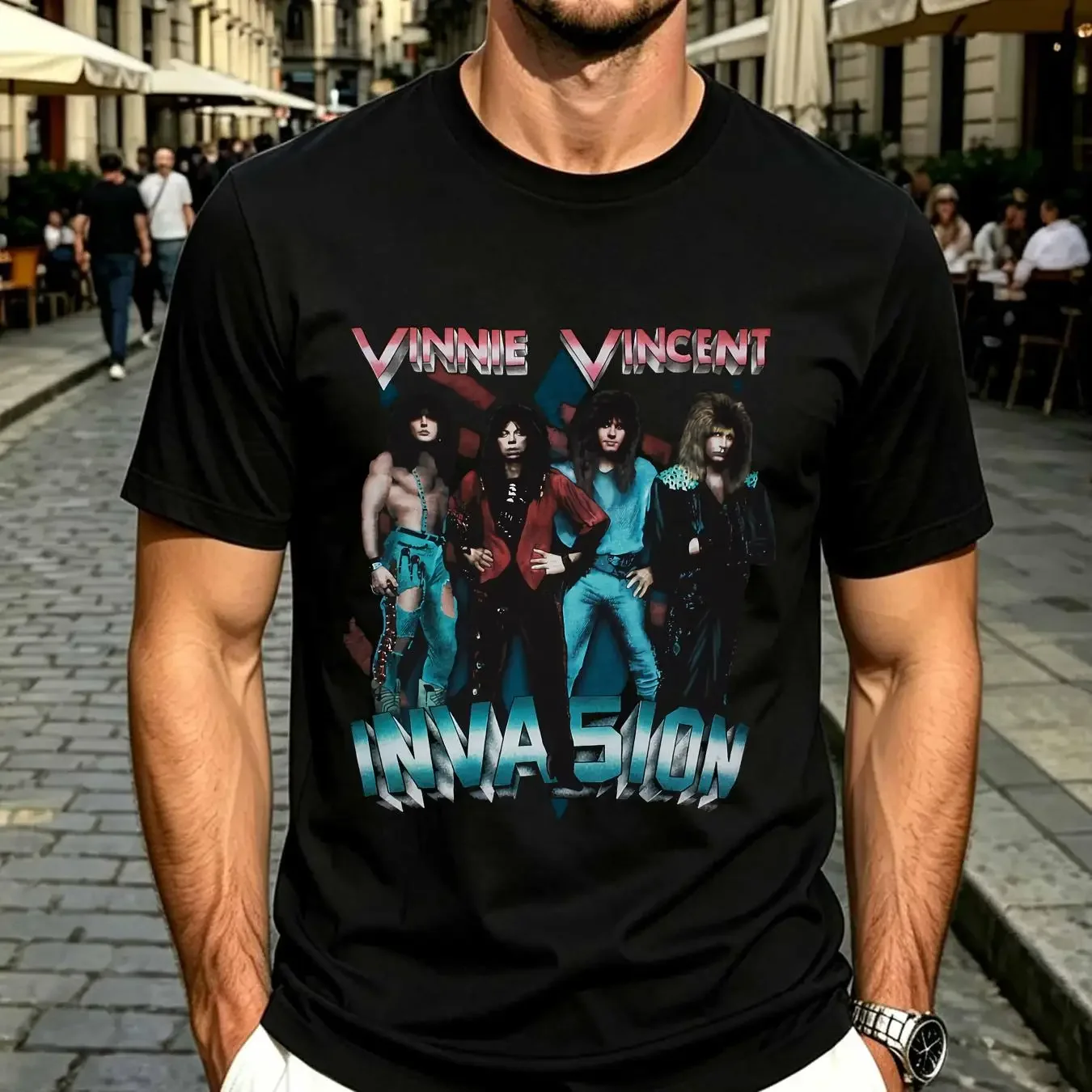 washed T Shirt VINNIE VINCENT INVASION ALL SYSTEMS GO HA683 vintage Washed Soft graphic Casual streetwear Stylish