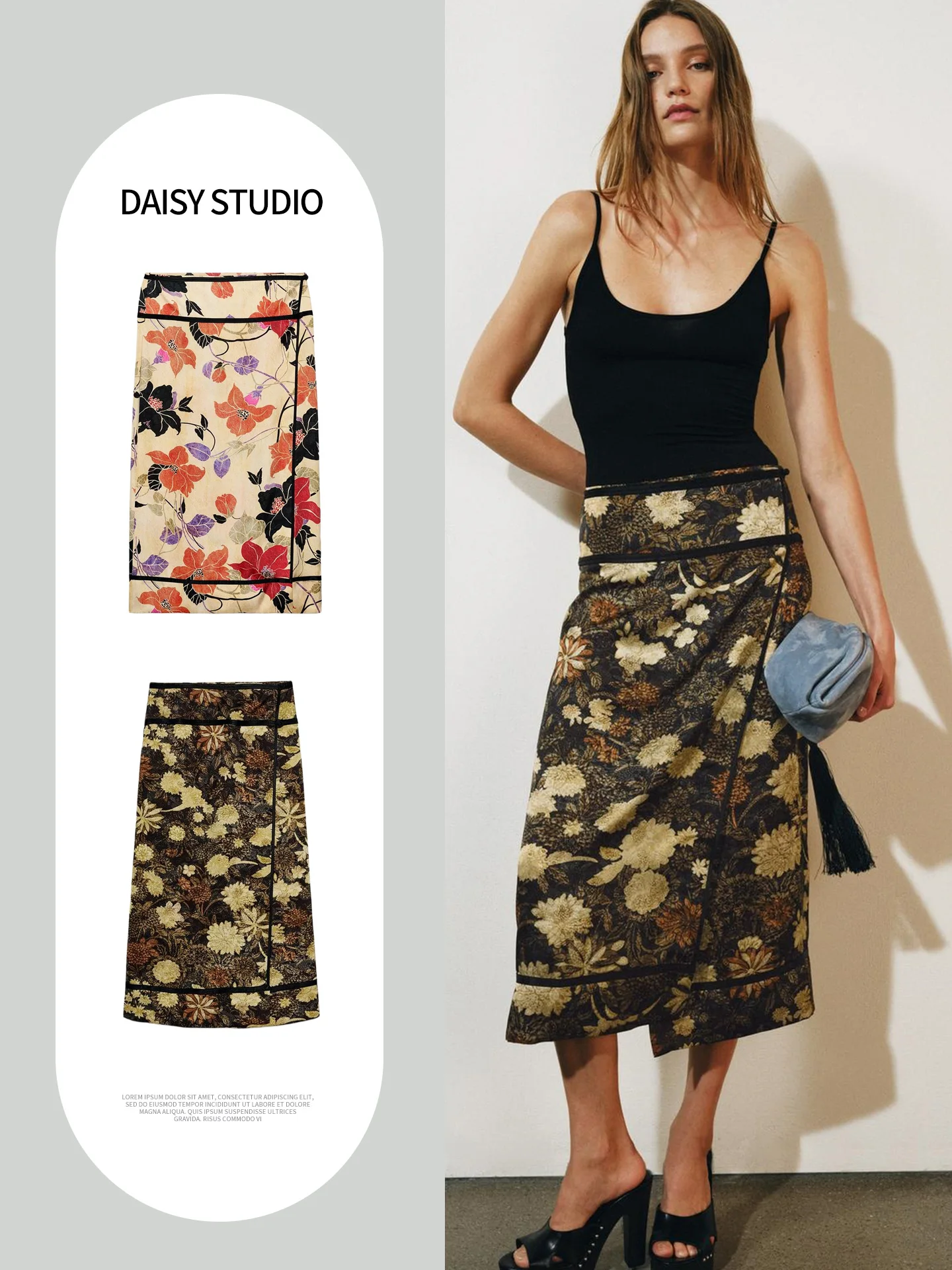 New Autumn Women's Midi Skirt Floral Lace Double Front Straight Tube Cage Skirt mid Waist Polyester Fiber Printed A-Line Skirt