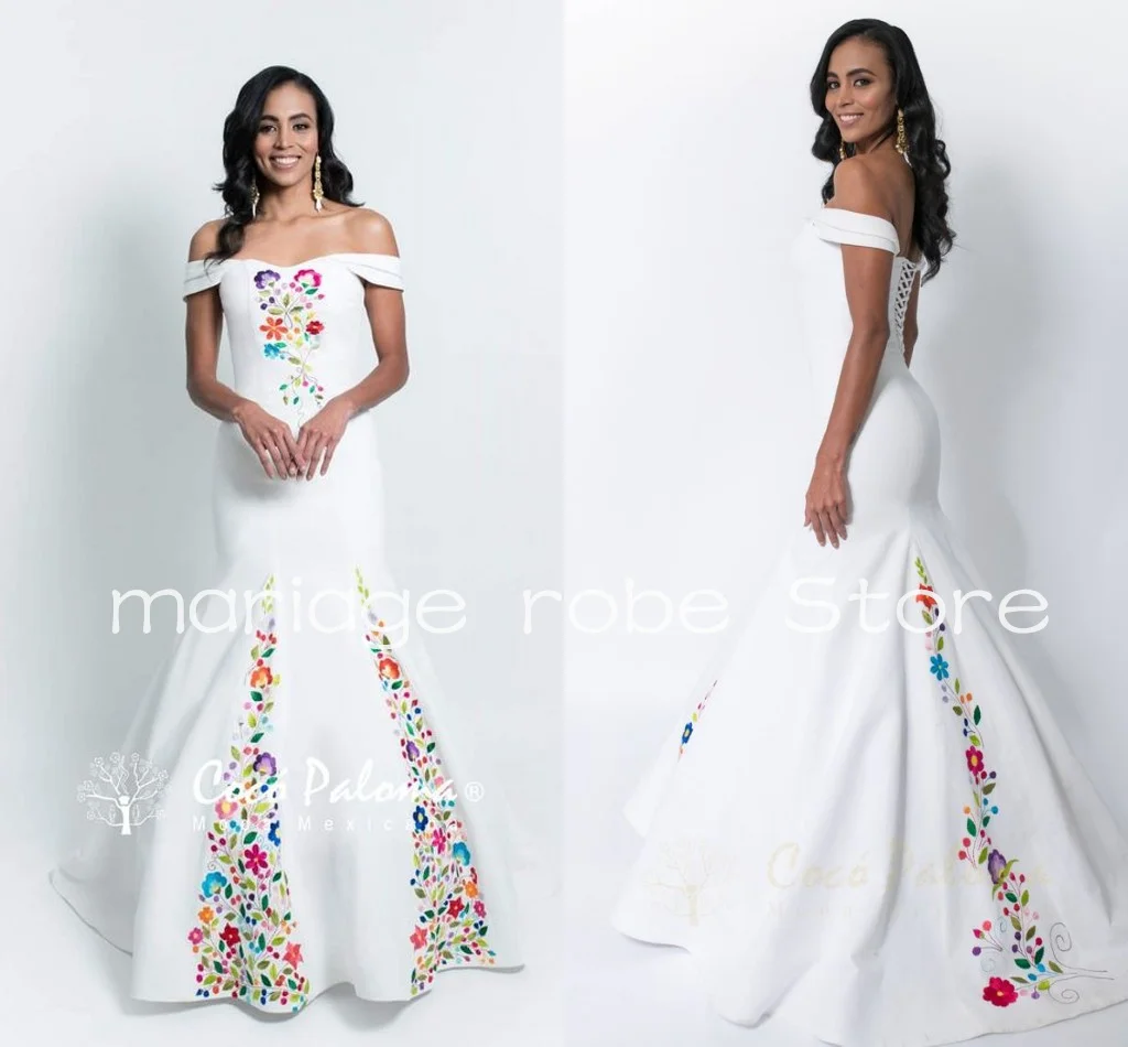 Vestido de novia de sirena mexicana con hombros descubiertos, apliques bordados, corsé con cordones, mancha, vestido de novia del país occidental