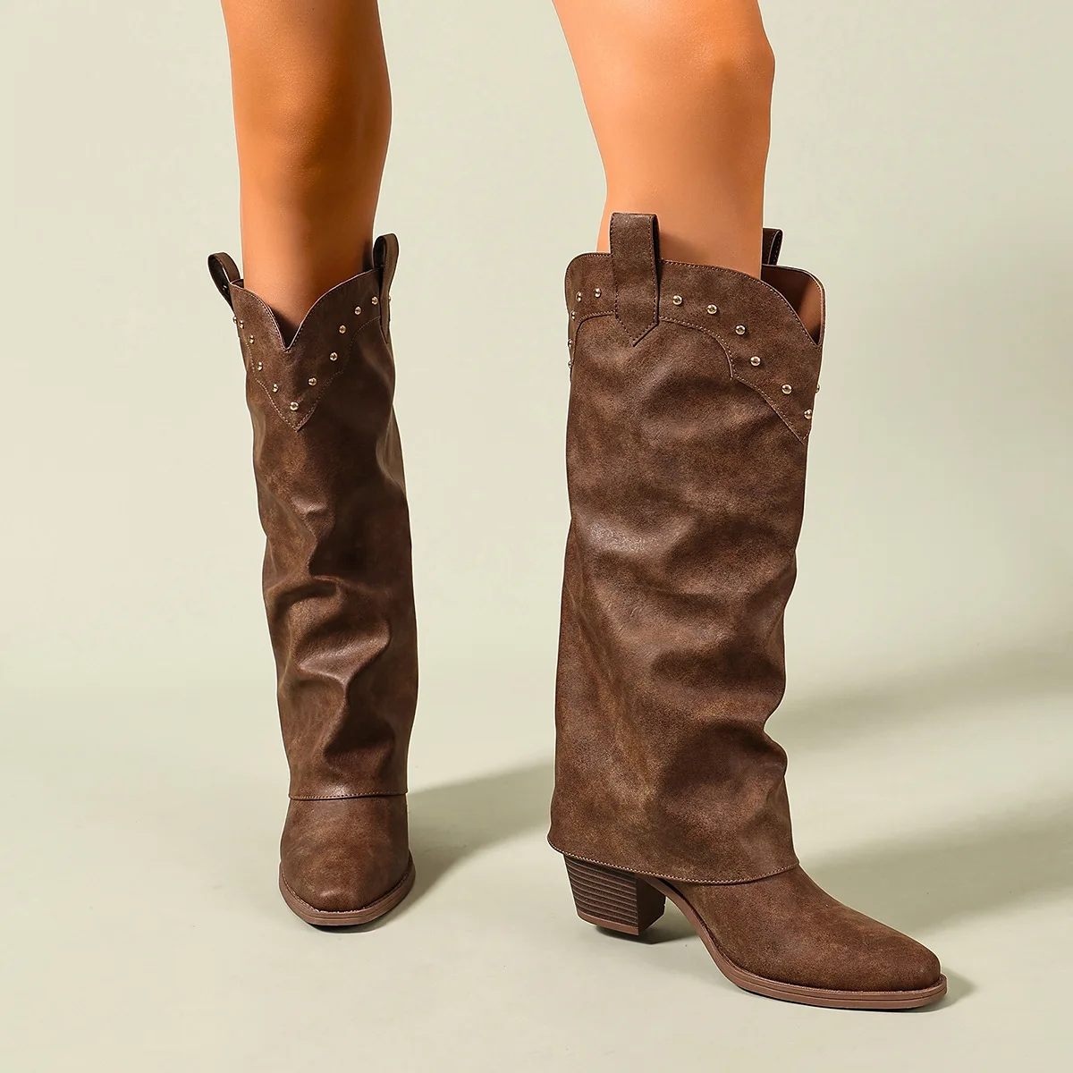 2026 Spring New Fashion Vintage Rivet Not Over Knee Western Jeans Tube High Top Rider Women Leather Boots