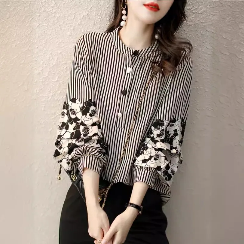 Women Striped Floral Patchwork Blouse Stand Collar Lantern Sleeve Loose Casual Long Sleeve Tops