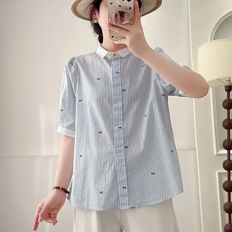 

Women's Preppy Style Striped Bow Blouse Short Sleeve Contrast Collar Casual Cotton Shirt