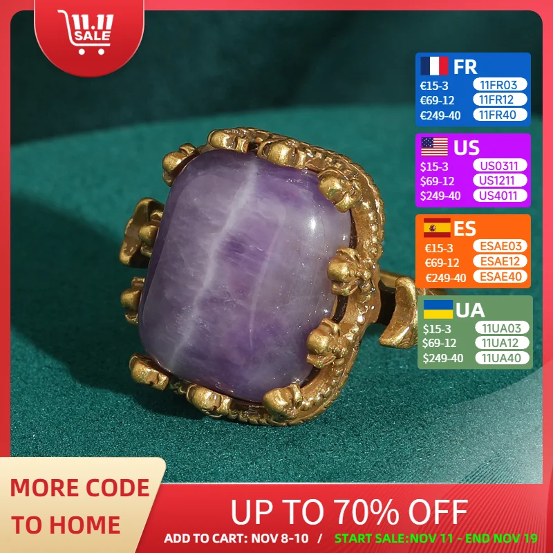 

Vintage Square Purple Stone Ring Natural For Woman Antique Gold Color Luxury Designer Brands Jewelry Couples Gift Accessories