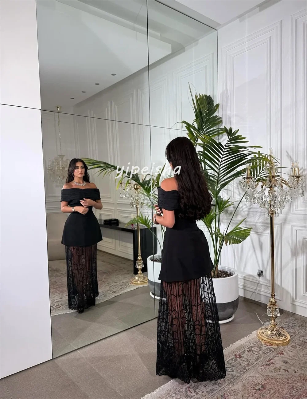 Customized Sexy Casual Jersey Pleat Ruched Beading Sequined A-line Off-the-shoulder Long Dresses Bespoke Occasion Dresses Retro